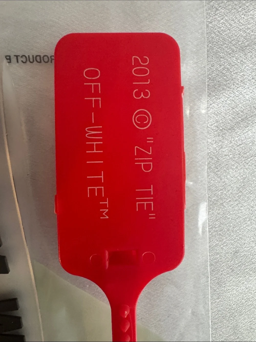 New! Off-White White Nylon Key Strap with Black Diagonal Text and Red Zip Tie